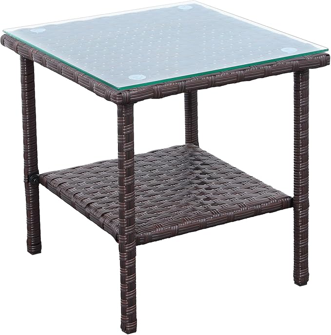 Outdoor Wicker Glass Top Side Table - Patio Balcony Deck Pool Square End Table with Storage, Dark Brown
