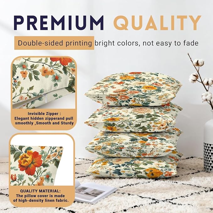 Flower Pillow Covers 18x18 inch Set of 4, Vintage Colorful Botanical Garden Rustic Elegance Throw Pillows Cover Sofa Couch Pillow Cases for Farmhouse Indoor Home Decor Decorations