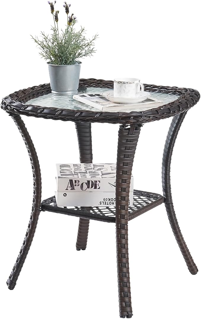 Patio Side Table Glass Wicker Table Outdoor PE Rattan Side Table with Storage Shelf Weather Resistant Square Sidetable for Patio Garden Poolside Deck Balcony Porch Yard, Brown
