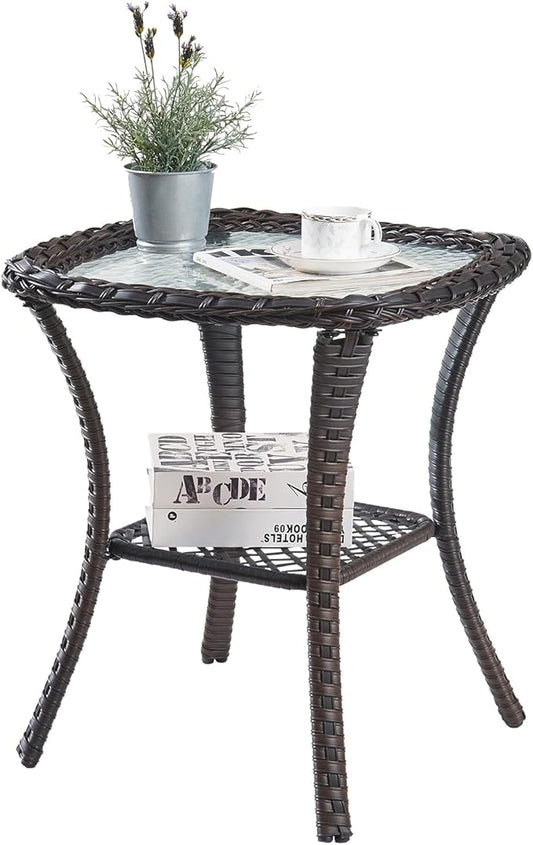 Patio Side Table Glass Wicker Table Outdoor PE Rattan Side Table with Storage Shelf Weather Resistant Square Sidetable for Patio Garden Poolside Deck Balcony Porch Yard, Brown