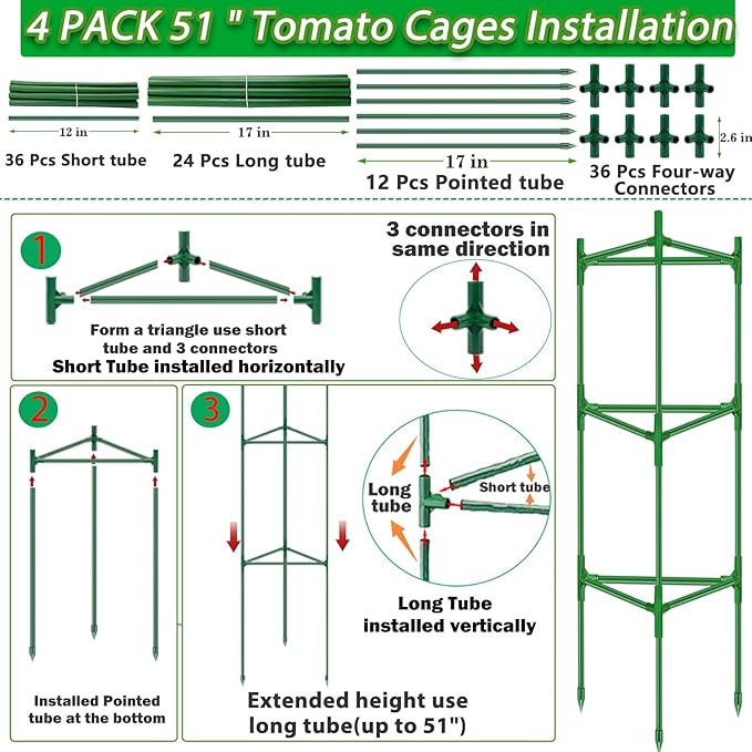 Tomato Cages for Garden 4 Packs - Heavy Duty Steel Tomatoes Cage Tall Up to 51in & 164Ft Twist Tie, Tomato Plant Stakes Support Cages Trellis for Pots Plants Garden