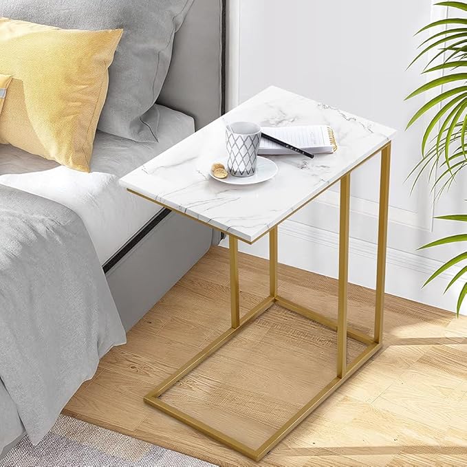 ROSEN GARDEN C Shaped Side Table End Table for Couch, Gold Side End Table with White Faux Marble Top, Modern Living Room Tray Table