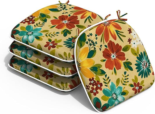 Outdoor 16"x17" Chair Pads Set of 4, Water Resistant Patio Chair Cushions with Ties, Seat Cushions for Home Garden Furniture Decoration, Flower Multi