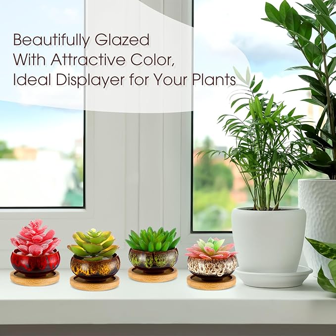 12 Pcs Succulent Pots 2.5 Inch Mini Ceramic Succulent Garden Flower Pots Planters with Drainage and Bamboo Tray for Indoor Garden Plants Planters Colorful Flower Pot(Round,1.2 Inch H)
