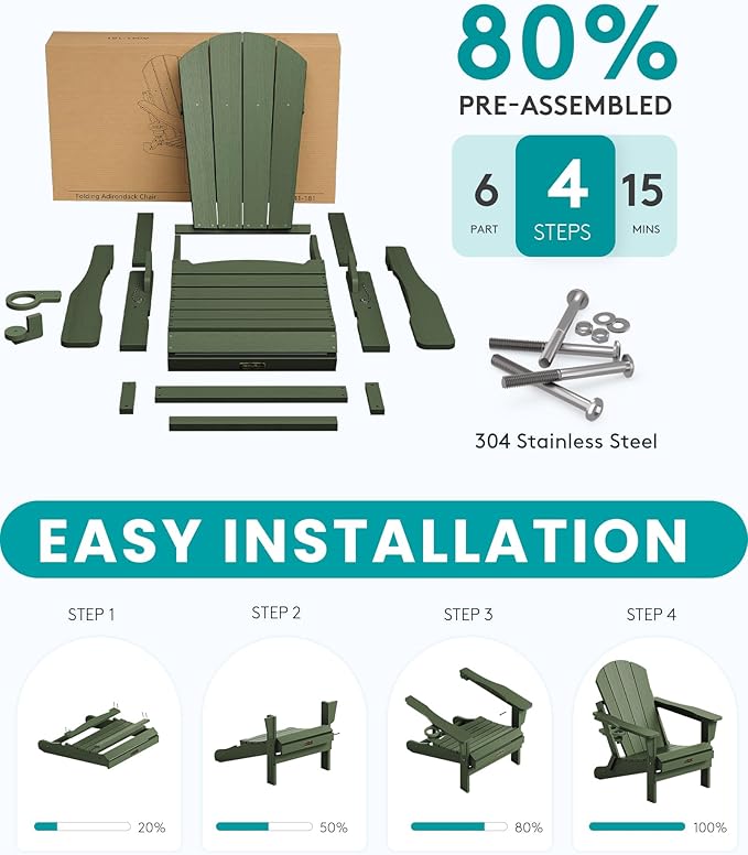 SERWALL Folding Adirondack Chair for Patio Garden, All-Weather Outdoors Chairs, Wooden Textured Fire Pit Chairs for Poolside, Backyard, Lawn - Army