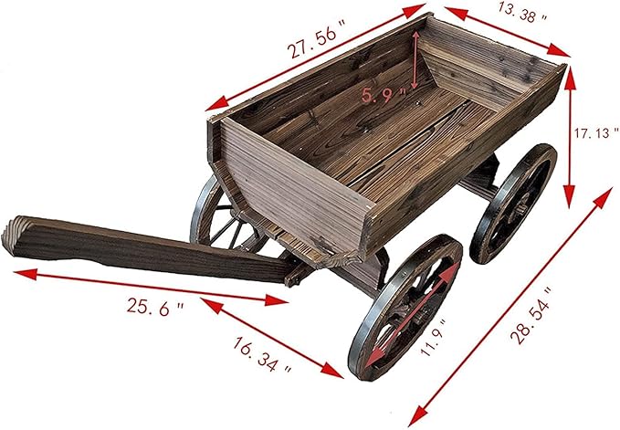 Wood Wagon Planter for Outdoor Balcony Decor - Garden Rustic Wooden Flower Cart with Wheels for Outside - Decorative Indoor - Wheelbarrow Planter for Patio -Reinforced Wheel