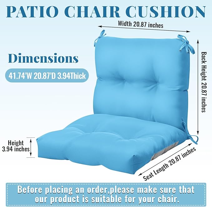 Geetery Set of 4 High Back Wicker Patio Chair Cushions for Outdoor Furniture 41.74x20.87x3.94 Inch Waterproof Thick Replacement Seat Pads with Non Slip Ties for Porch, Deck, Lawn & Garden(Lake Blue)