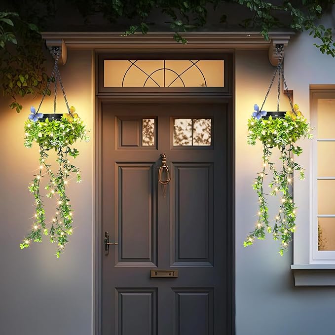 Solar Hanging Garden Lights, 2 Pack 66 LEDs Realistic Flower Vine Fairy String Lights, IP65 Waterproof Outdoor for Garden, Patio, Fence Decor, 8-12 Hrs Auto Lighting