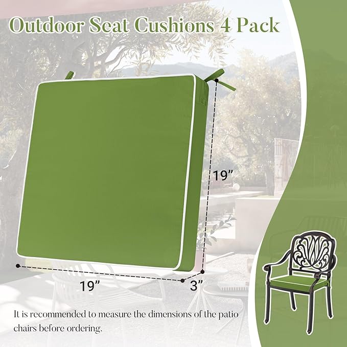 Basic Beyond Outdoor Chair Cushions for Patio Furniture, Waterproof Outdoor Seat Cushions Set of 4 19 x 19, Patio Chair Cushions Set of 4 with Ties and Handle, Grass Green/White
