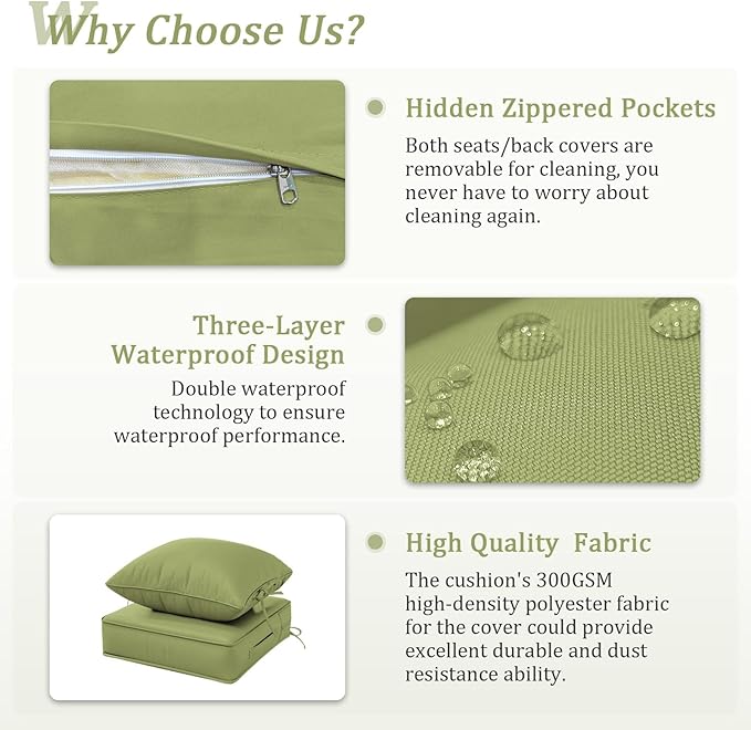 Outdoor Patio Chair Cushions Set 19 L X 19 W X 4 H Inch Waterproof & Fade Resistant Deep Seat and Back Cushions with Removable Covers Outdoor Seat Cushion Set for Chairs and Sofas