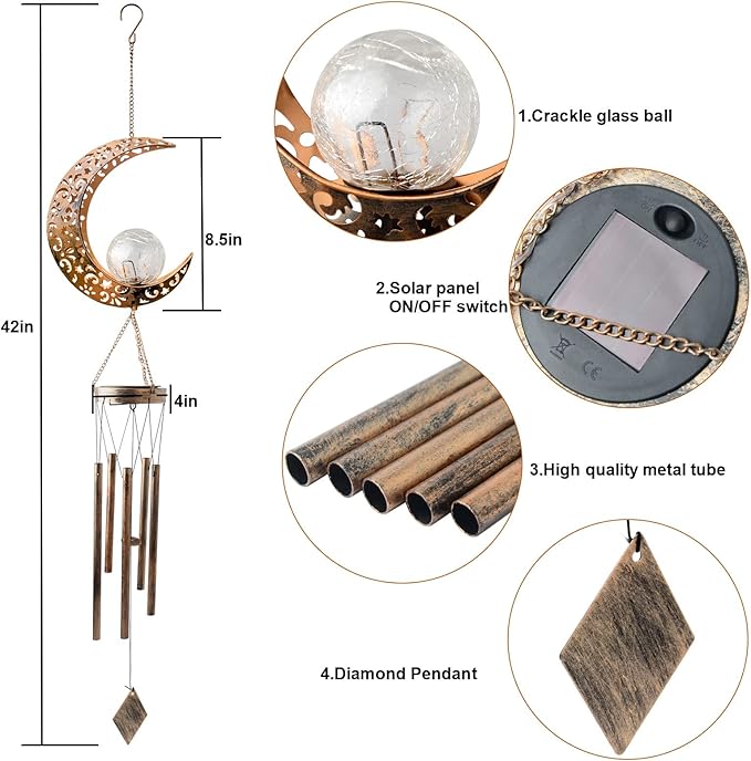 Outdoor Moon Light Wind Chimes, Mom Gift Moon Gifts, Mother Decor, Garden Gifts, Sympathy Wind Chimes Outdoor for mom, Grandma, Memorial Wind Chime.