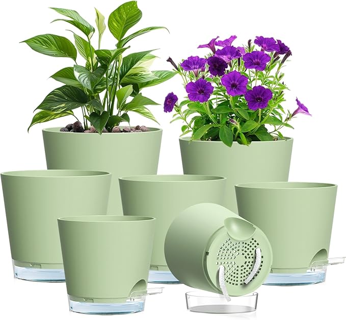 Self Watering Pots Set of 7 – Assorted Size 4" to 8" Indoor Plant Pots with Drainage Holes and Clear Reservoir for Visible Water Level, Plastic Wicking Planter for House Plants & Flower, Green