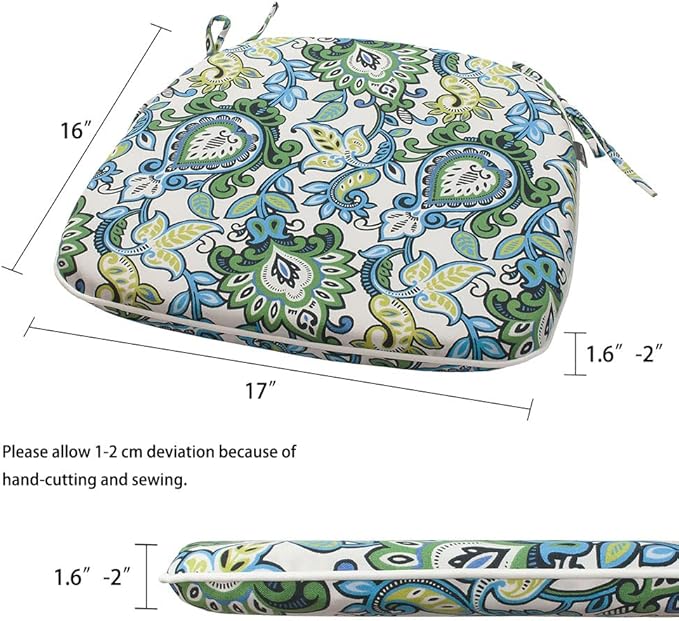 Magpie Fabrics Outdoor/Indoor 17"x16"x2" Chair Cushions with Ties Set of 2, Waterproof All Weather U-Shape Seat Pads Decoration for Patio Garden Furniture Home Office (Botanical Blue Green)