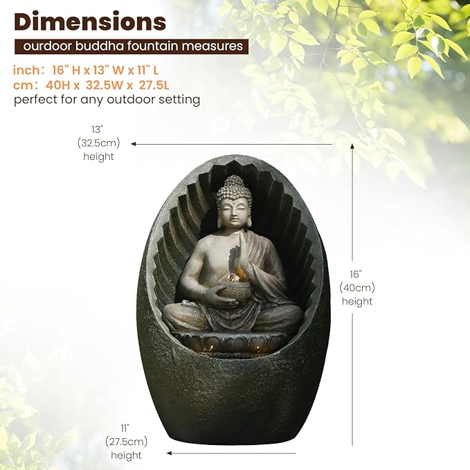 Water Fountain Outdoor Half-Encased Egg-Shaped Zen Buddha Fountain Indoor with Light Pump, Tranquil Relaxing Water Feature for Home Garden Patio Yard Balcony & Meditation Room, Brown