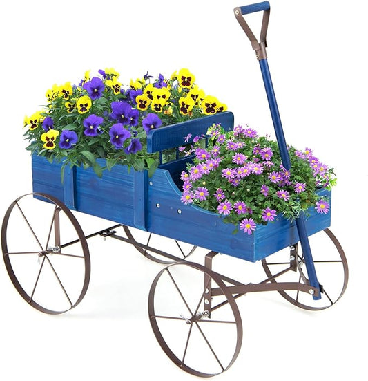 Goplus Wagon Planter, Decorative Wooden Garden Planter with Wheels, 2 Planting Sections and Adjustable Handle, Indoor Outdoor Backyard Balcony Decor (Blue)