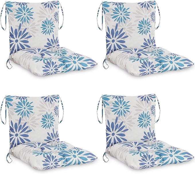 Barydat 4 Pcs Outdoor Patio Chair Cushions with Back, 21.7 x 43.3 Inch Decorative Dining Back Cushions with Tie Buffalo Plaid Indoor Outdoor for Patio Furniture(Blue and White,Plantain Leaf)