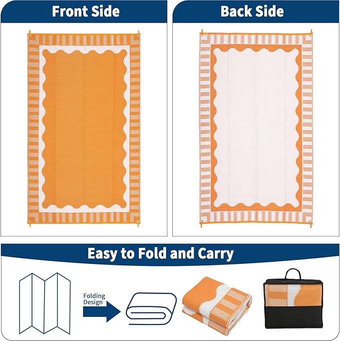 9x12 Outdoor Rug Waterproof Foldable Plastic Straw Carpet for Patio Porch Scalloped Border Reversible Mat Lightweight Floor Mat for Picnic, Backyard, Rv, Beach, Deck, Camper, Balcony，Orange