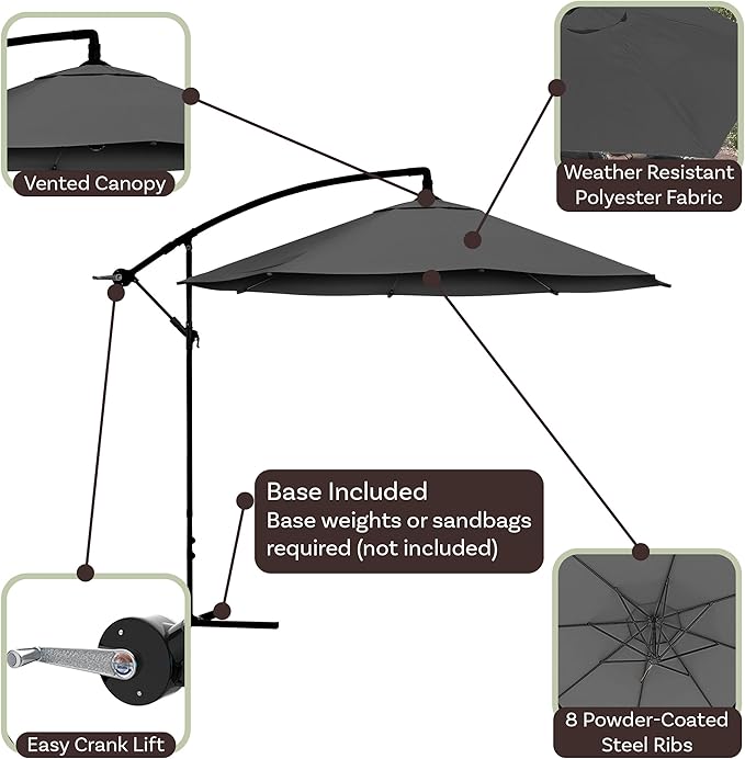 10 Ft Offset Cantilever Patio Umbrella - Fade-Resistant Shade Umbrella Outdoor Patio Canopy with Cross Base for Garden, Lawn, Deck, Yard or Pool by Pure Garden (Gray)