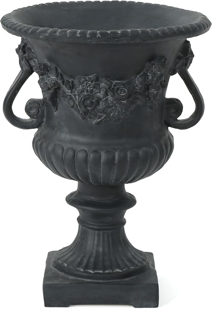 Antique Black Magnesium Oxide Urn Planter, Elegant Decorative Outdoor Garden Patio or Indoor Vase, Ready to Use, 17.3L x 17.3W x 24H Inches