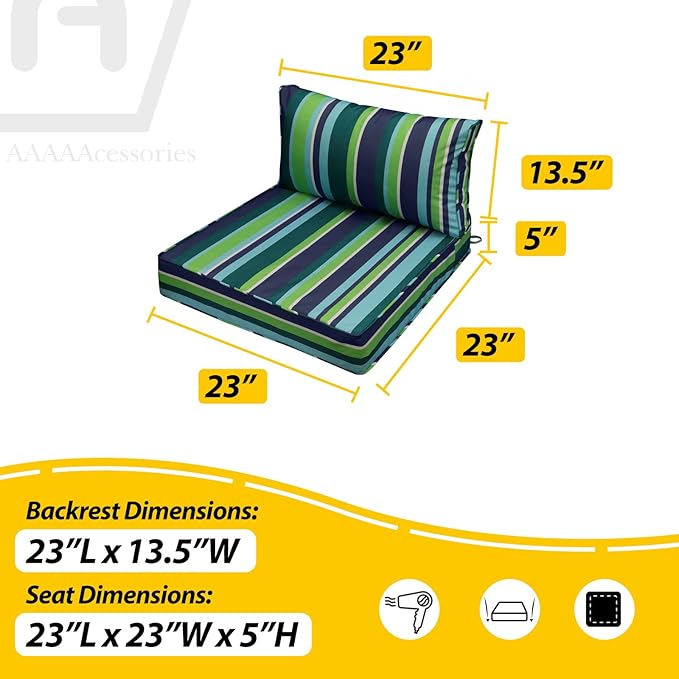 AAAAAcessories Outdoor Seat Cushions for Chairs, Fade-Resistant, Waterproof Patio Furniture Replacement Cushions, 23" x 23" x 5" + 23" x 13.5", Stormy Teal Coastal Stripe