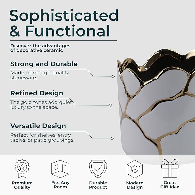 Set of 2 Plant Pots for Indoor Plants – Ceramic Planters with Gold Accents, Decorative Pots for Home Decor, Modern Indoor/Outdoor Ceramic Planter Set, Stylish Pot for Plants – 6/7", White