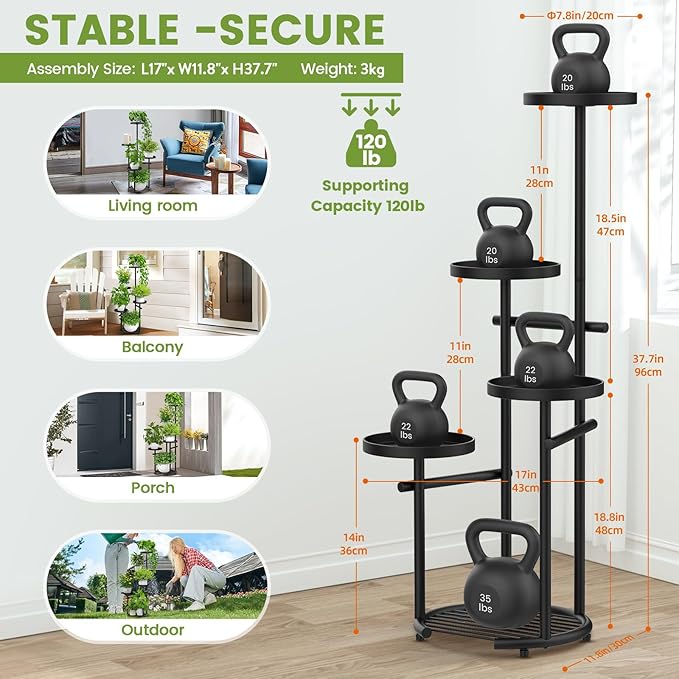 TOSKING 5 Tier Tall Plant Stand Indoor Outdoor, Heavy Duty Corner Plant Stand with Space-Saving Plant Shelf for Multiple Plants| Round Plant Table Design for Living Room Balcony Garden (Black, 38in)