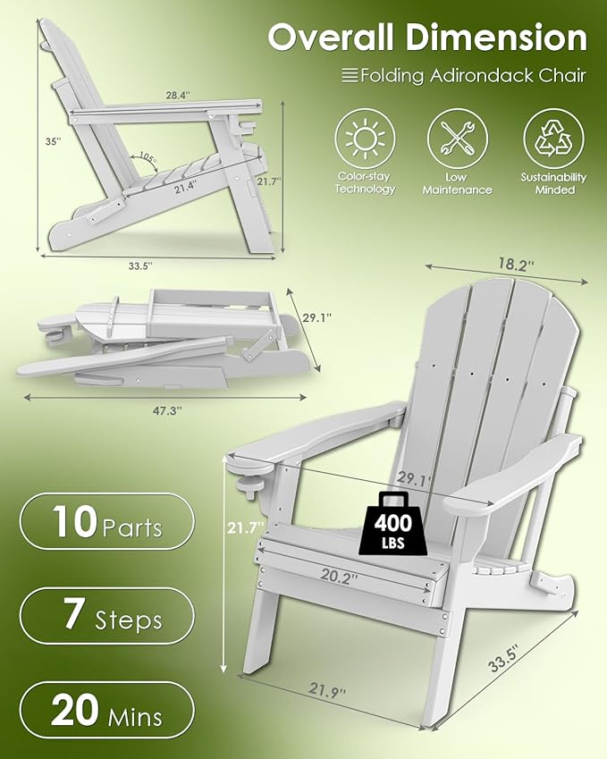 GREENVINES Folding-Adirondack-Chair | HDPE Plastic | Fire Pit Chairs | All Weather | Cup Holder | White | for Deck Backyard Patio Outdoor Garden