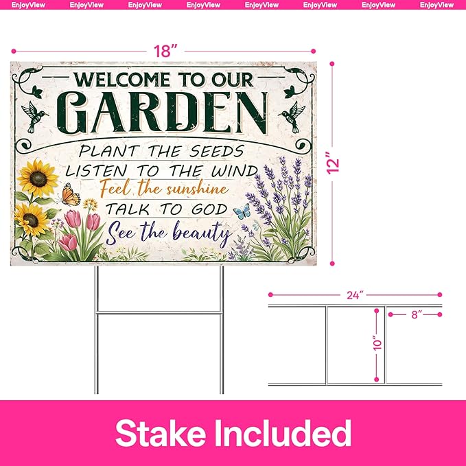 Funny Garden Sign with H Stake 18"x12" Big Vintage Sign for Outside Greenhouse Corrugated Plastic Yard Decor Gardening Gifts for Women " WELCOME TO OUR GARDEN"
