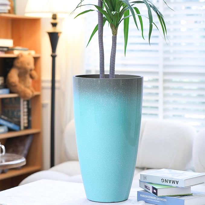 Planters for Outdoor Plants, Large Outdoor Plastic Grey to Azure Gradient Tall Flower Pots 2Pack, Patio Decor Unbreakable Resin, Lightweight Planter