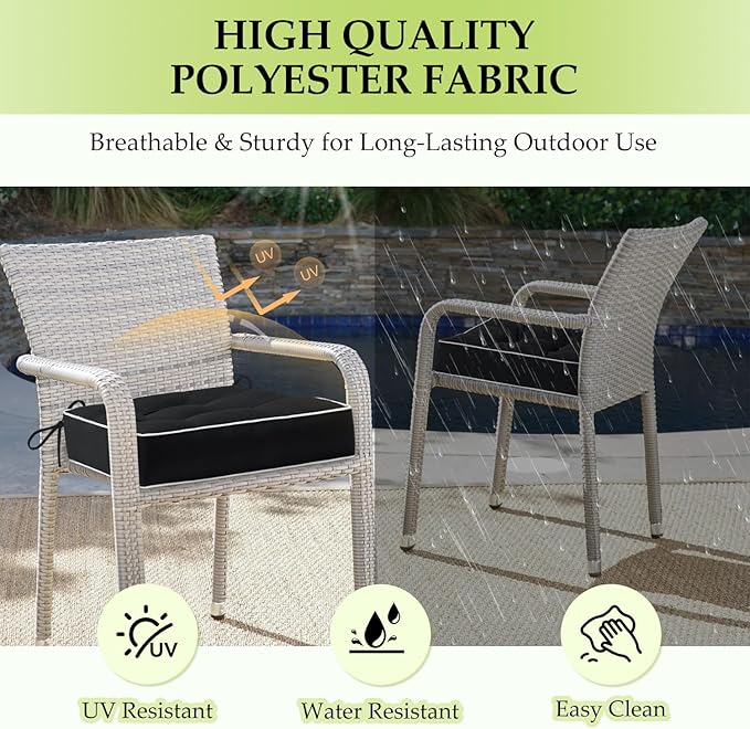HARBOREST Outdoor Chair Cushions Set of 2, Tufted Patio Chair Cushions with Ties, Square Corner Outdoor Cushions for Patio Furniture, Lawn Chairs, Wicker Chairs, 17" x 17" x 5", Black