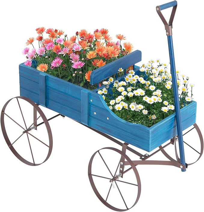 Wooden Wagon Planter, Decorative Garden Wheelbarrow Planter with 2 Planting Sections, Rolling Wheels, Adjustable Handle, Small Wagon Cart Planter Stand for Flowers Vegetables Herbs (Blue)