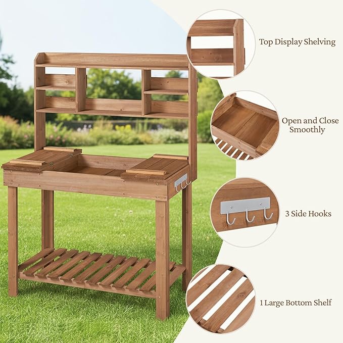 Yaheetech Potting Bench Table Horticulture Germination Table & Outdoor Garden Work Bench Platform w/Display Rack/Storage Shelf/Hanger/Thoughtful Sink Brown