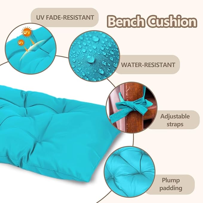 Waterproof Indoor/Outdoor Garden Bench Seat Cushions,Thicken Patio Bench Soft Rocking Chairs Pad Lounger Seat for Wicker Loveseat Settee（59 X 19.6 in，Turquoise