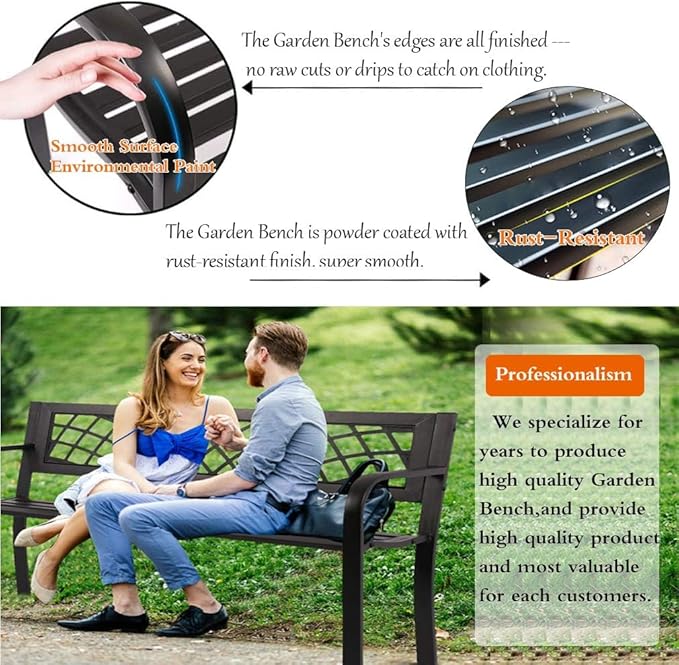 Patio Bench - Outdoor Metal Garden Bench with Armrests, 480lbs, Cast Iron, Sturdy Steel Frame, Black