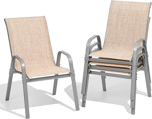 Patio Chairs Sset of 4, Easily Set Up Stackable Outdoor Dining Chairs with High Back and Wide Seat, All Weather Breathable Outdoor Chairs Set of 4 with Metal Frame for Backyard Deck Pool, Beige