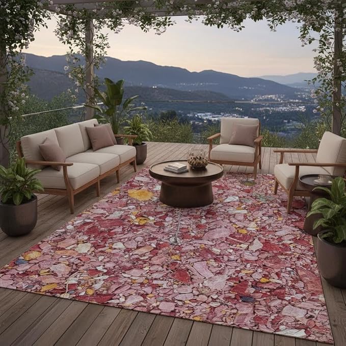 Pink Irregular Gravels Waterproof Outdoor Rug 10x16 Ultra Thin Non Skid Washable Easy Clean Durable Rugs for Backyard Balcony Garden Camping Pool Patios Deck Natural Indoor Outside Carpets
