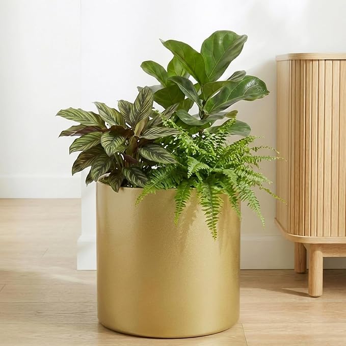 Metal Plant Pot with Drainage Hole,Mid Century Modern 7 inch Round Pot Indoor Outdoor Planters for Decorative Pots of Tabletop Living Room Bedroom Gold