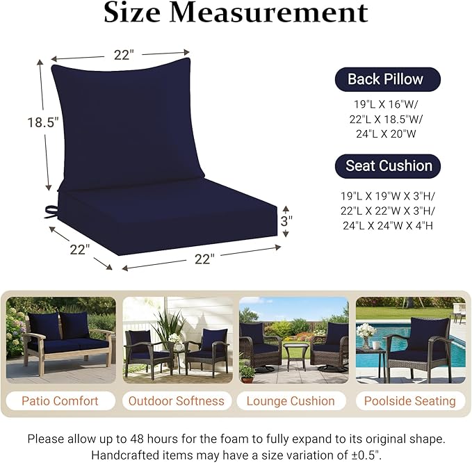 downluxe 22x22 Outdoor Chair Cushions, Waterproof Fade Resistant Patio Furniture Cushions with Handle & Removable Cover, Deep Seat Outdoor Cushions for Sofa, Couch and Patio Chairs, Navy