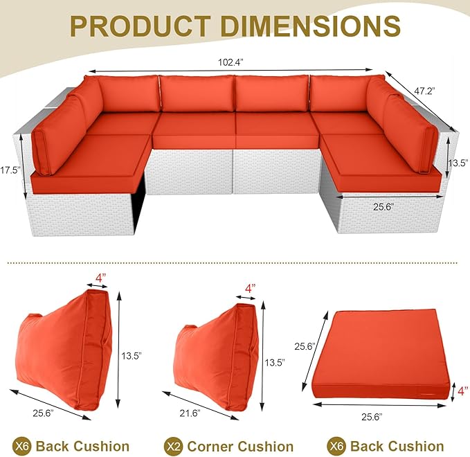 Outdoor Replacement Cushions for Patio Furniture,14-Piece Patio Water-Resistant Replacement Sofa Cushions,Fits 6-seat Sectional Rattan Conversation Set,Liner&Cover (Orange)