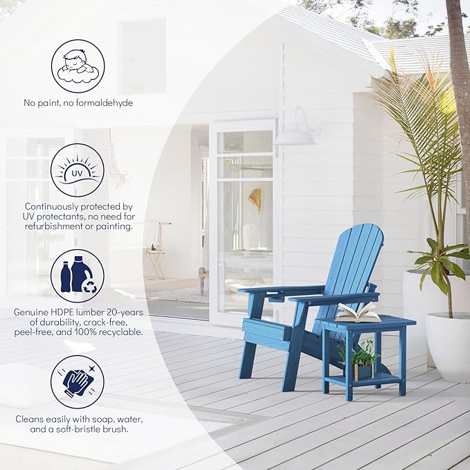 Plawdlik Folding Adirondack Chair Set of 6 with Cup Holder，Wooden Textured ，Heavy All-Weather HDPE Comfortable Set Poolside Backyard Lawn, Light Blue