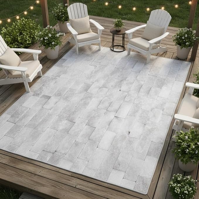 Natural White Rock Stone Outdoor Rug for Patio Deck Pool Balcony Garden Backyard Machine Washable Stone Print Outside Carpet 3x5 Foldable Easy Clean Waterproof Camping Rv Picnic Floor Carpets Mat