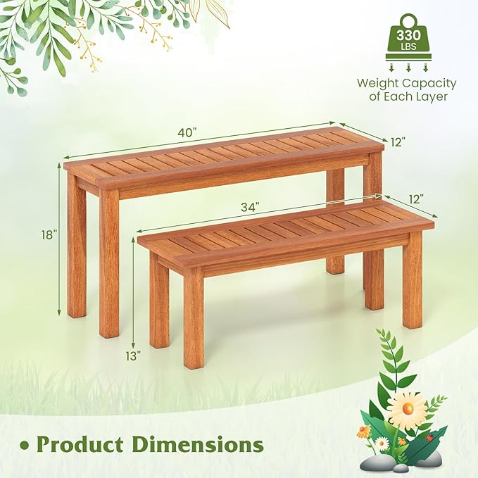 HOMGX Wooden Plant Stand Set of 2, Multifunctional Outdoor Backless Garden Bench with Slatted Seat, Easy Assembly, Rustic Flower Display Shelf for Yard, Entryway, Max Load 330 lbs, Natural