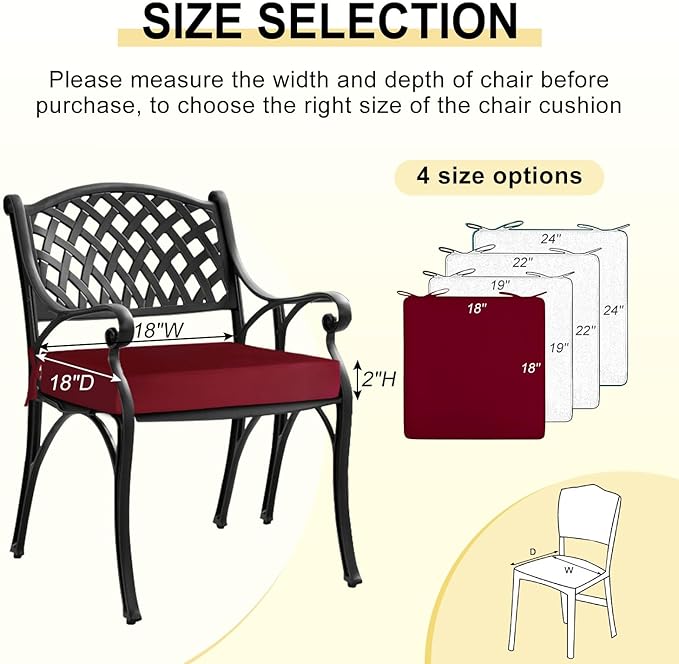 downluxe Waterproof Outdoor Chair Cushions for Patio Furniture, 18" x 18" x 2" Patio Chair Cushion with Adjustable Ties & Portable Handle, Square Outdoor Cushion with Removable Cover, Burgundy, 2 Pack