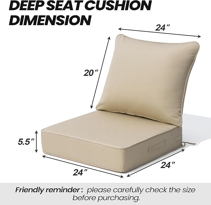 Crestlive Sunbrella 5.5" Outdoor Cushion for Patio Furniture, 24 x 24, Waterproof and Fade-Resistant Deep Seat Cushions for Chair, Wicker Sofa and Couch, Antique Beige