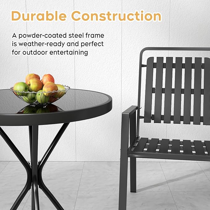 Outdoor Metal Frame Patio Bistro Set 3 Pieces,Bistro Table and Chairs Set of 2, Small Outdoor Bistro Set for Porch Backyard Lawn Poolside Deck