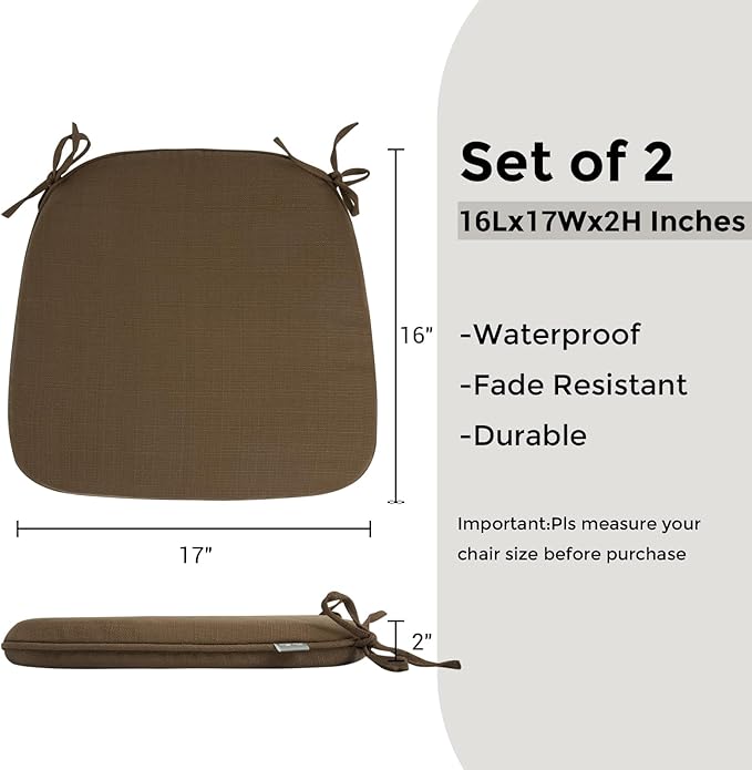 Outdoor Chair Cushions Set of 2,Patio Seat Cushion 17"x16"x2",U-Shaped Dining Chair Cushion 17 by 16 Inch,Water Resistant,Fade-Resistant Chair Pads for Kitchen Garden Furniture(Coffee Brown)