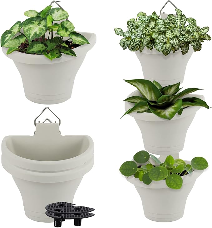 MADHOLLY 6Pcs Hanging Vertical Planter- Plastic Wall-Hanging Flowerpot with Hooks Leaky Grid- Free Combination Wall Mounted Planter for Outdoor Yard Garden Indoor Hanging Decorations (White)