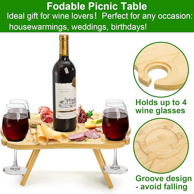 Yesland Portable Picnic Table, Foldable Champagne Picnic Snack Tray, Collapsible Wooden Outdoor Camping Table with Wine Glasses Holder for Park, Beach, Bed, Road Trip, Wine Lover Gift