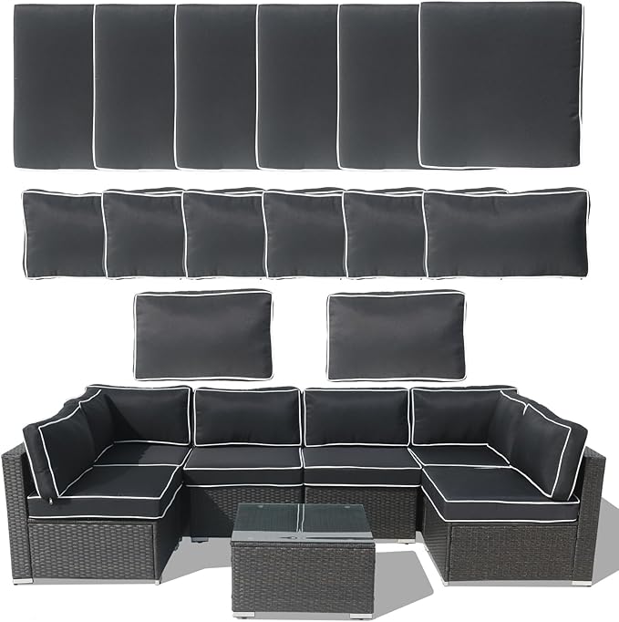 14Piece Outdoor Sofa Cushion Replacement, Patio Furniture Waterproof Cushion with Zippers, fit 6-Seat Outdoor Wicker Rattan Sectional Couch (Black + White Edge, 25.6"x25.6"x3.9")