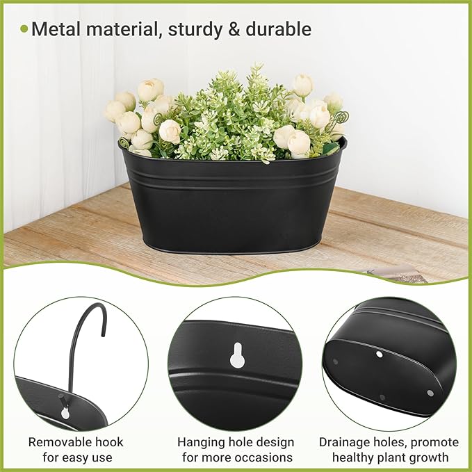 Dahey 3 Pcs Wall Planters for Indoor Plants 10.6 Inch Metal Hanging Flower Pots for Railing Fence Outdoor Countryside Window Flower Holder with Hooks Drainage Holes for Garden Yard Home Decor, Black
